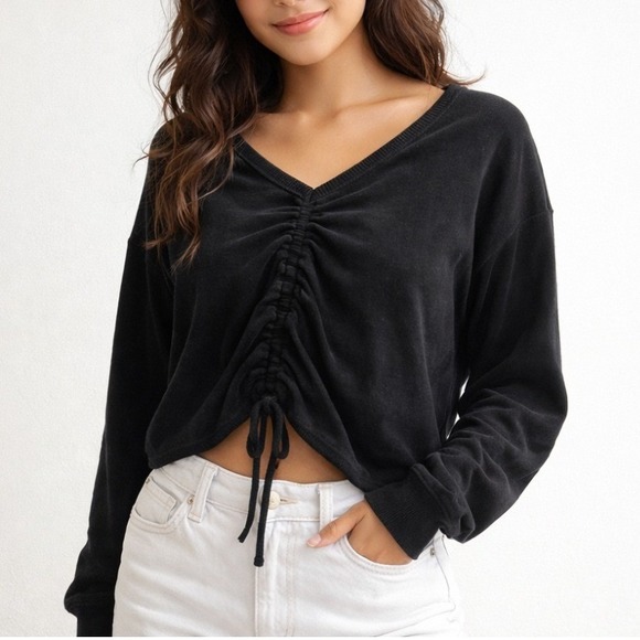 aerie Sweaters - NWOT Aerie Black V-Neck Terry Cloth Ruched Front Sweater Large